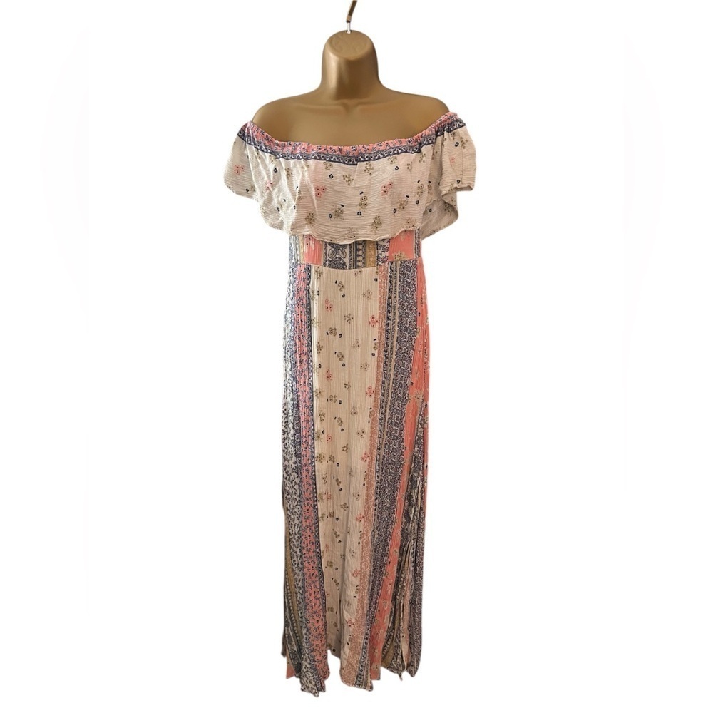 Soieblu Boho Off-Shoulder Maxi Dress – Floral Patchwork Print M